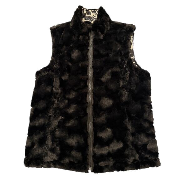 Reversible Vest Small Animal Print & Faux Fur Black Zip Up Sleeveless Jacket - Picture 2 of 5